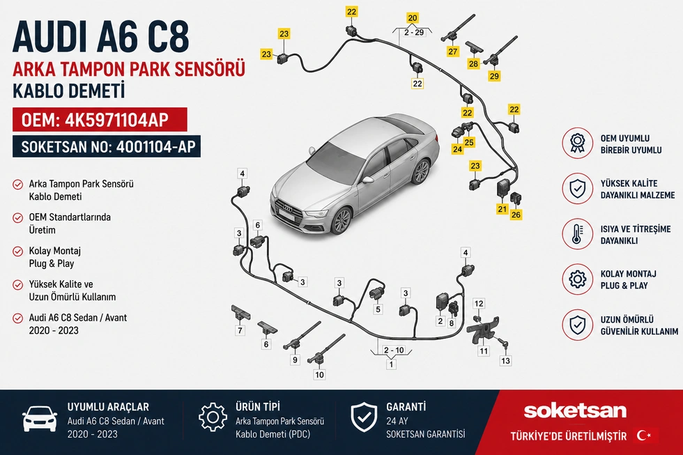 Audi A6 C8 2020-2023 Arka Tampon Park Sensörü Kablo Demeti PDC Tesisatı OEM 4K5971104AP Soketsan