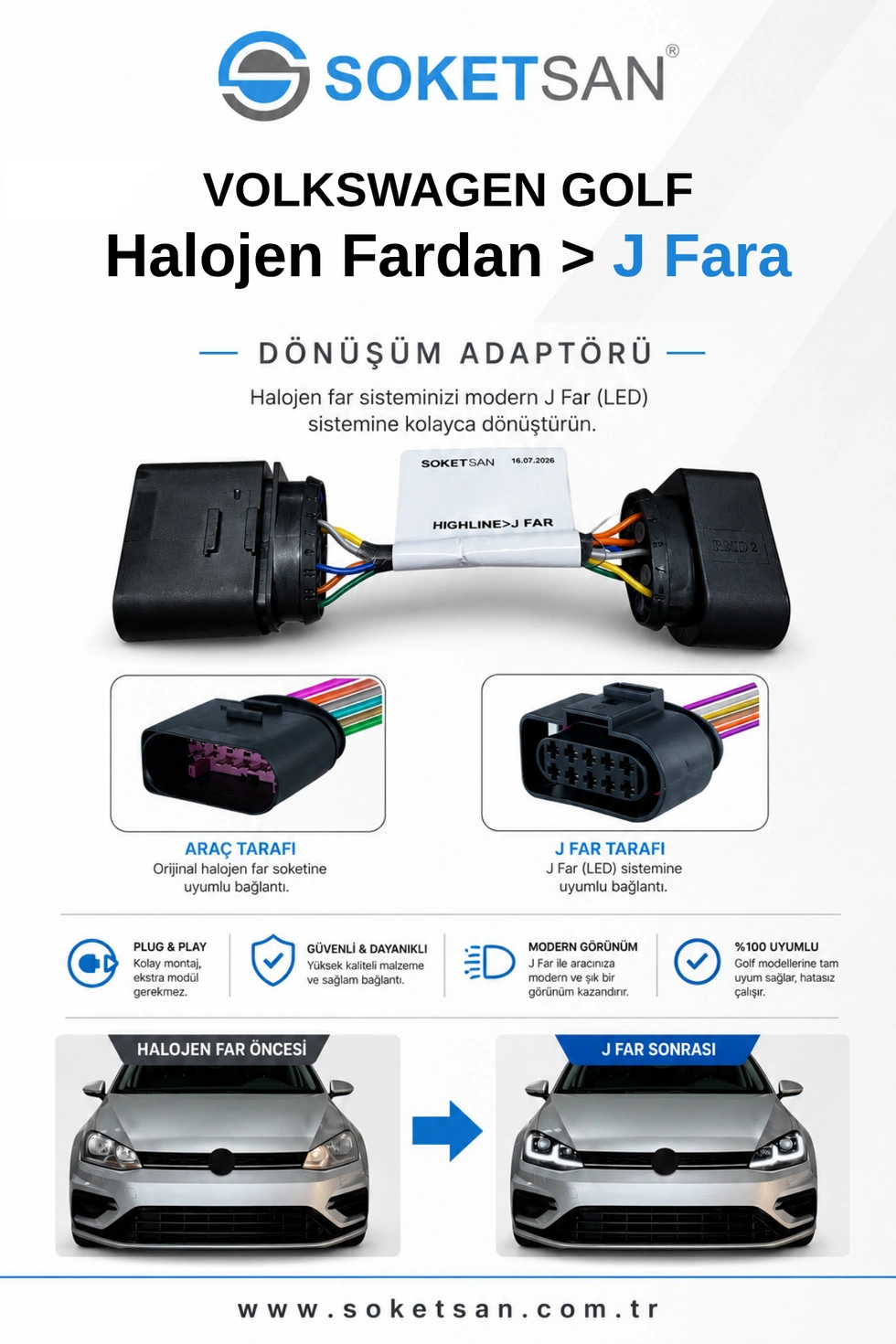 Volkswagen Golf 7 Halojen > J Far Dönüştürücü Adaptör